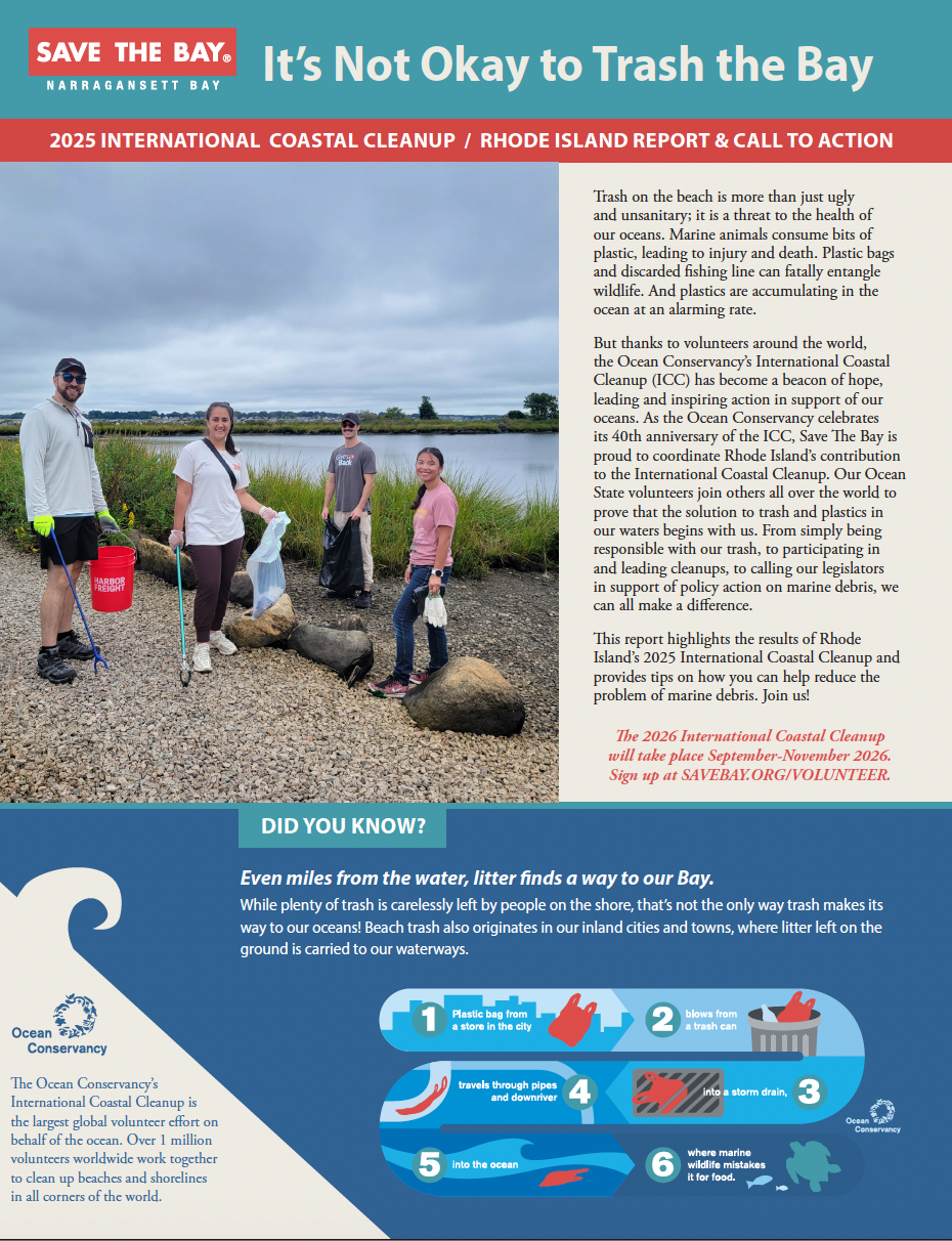 The cover of the 2023 International Coastal Cleanup Rhode Island Report, featuring a photo of two volunteers collecting litter in a coastal buffer, as well as headline and paragraph text.