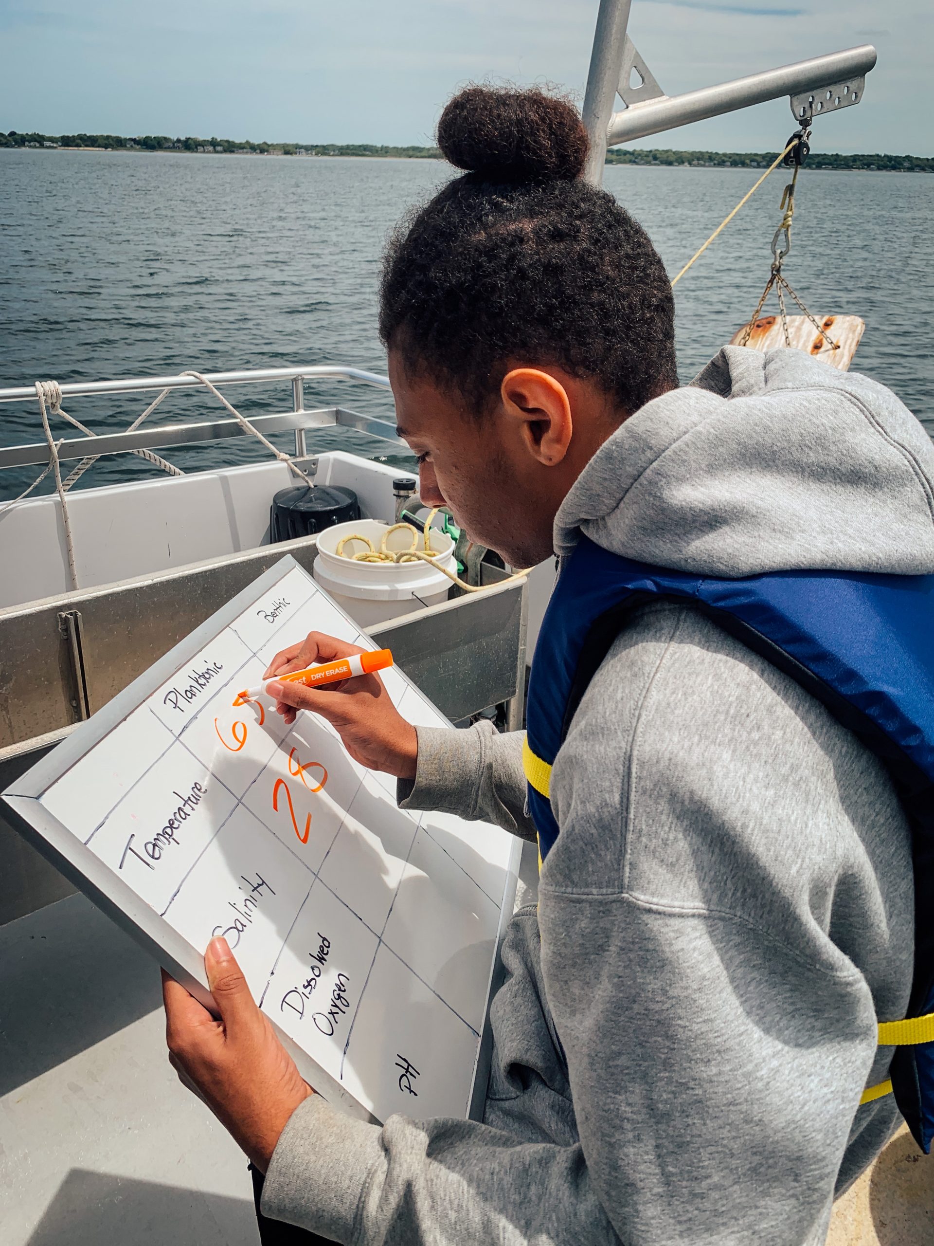 A Central Falls student conducting water chemistry sampling