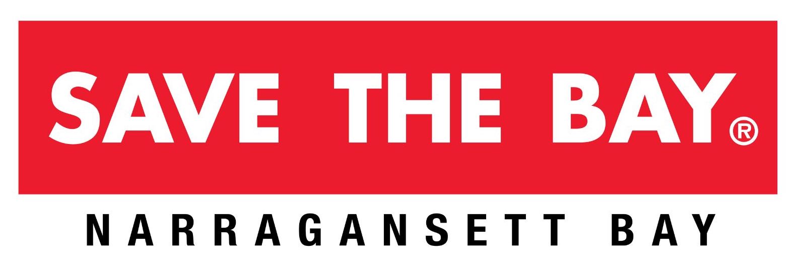 Save The Bay's logo. White text reading "Save The Bay" in all caps on a bright red banner, with the words, "Narragansett Bay" in black, on a white background, below.